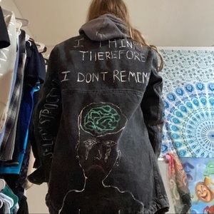 Charcoal/black graphic jean jacket size XS fits like a large